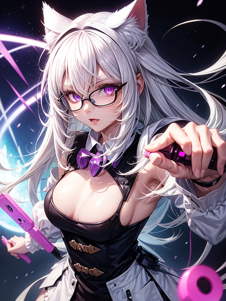 White hair, cat ears, purple eyes, holding a joystick, wearing glasses