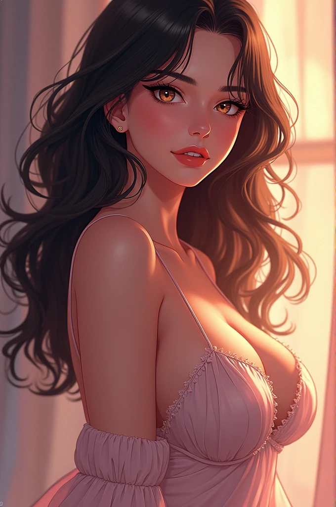 (photorealism:1.2), ( colorful home clothes ), biting nails, at home, living room, cleavage, long curly hair, indoors, soft lighting, relaxed pose, realistic, intricate details, warm colors,