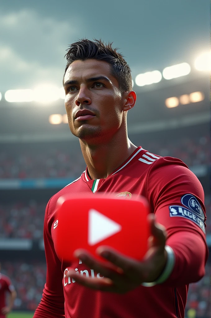 Cristiano Ronaldo will be there. He will have a diamond play on in his hand. There will be a youtube logo on the head and a wonderful background behind it.