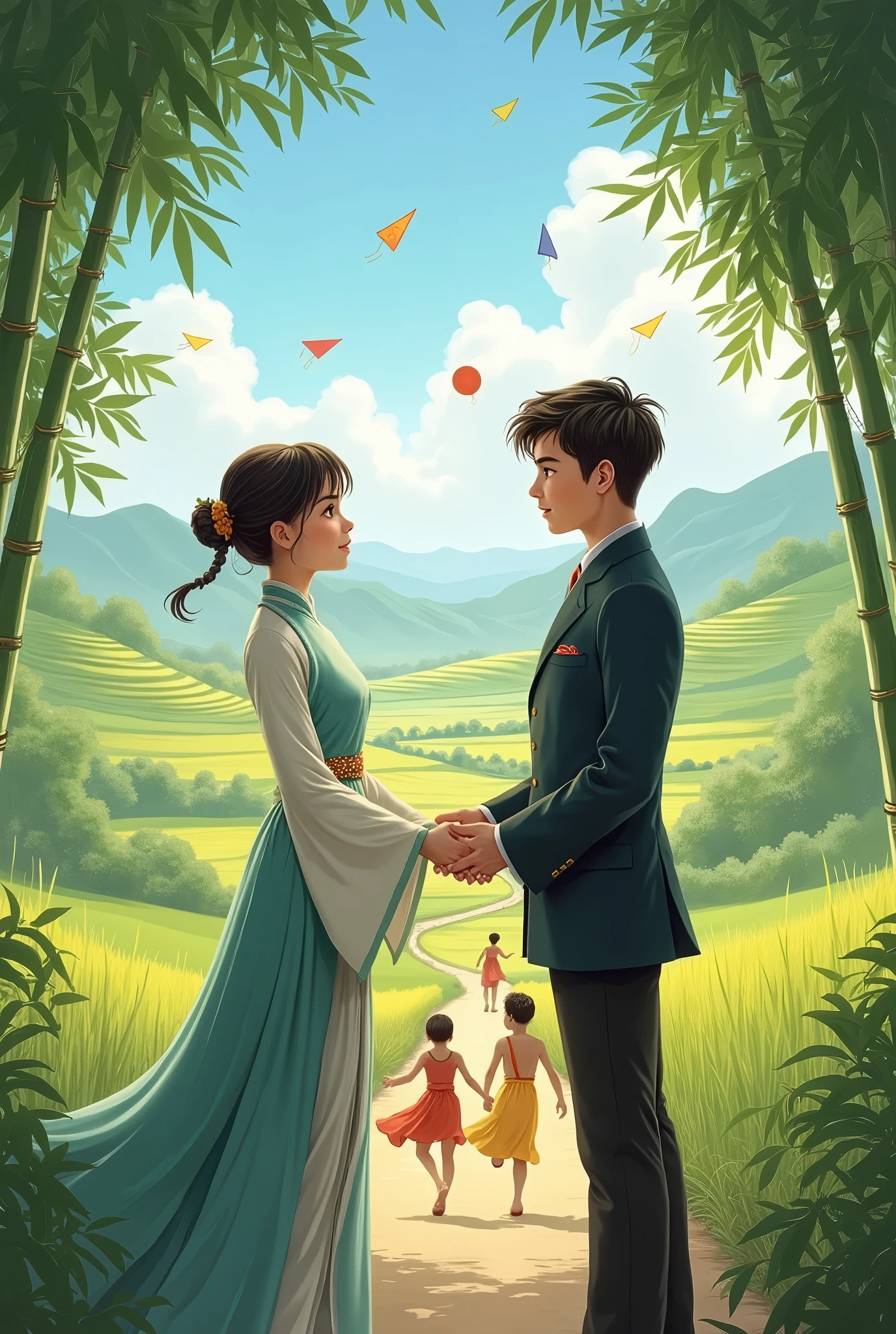 Two Vietnamese boys in ancient times, one wearing ao dai and the other wearing a western suit. Two people holding hands, the scene is ancient Vietnam with rice fields above, blue sky and kites.. Chàng trai mặc áo Vest phương tây nhìn chàng trai mặc áo dài mỉm cười còn chàng trai áo dài nhìn thẳng. There are rows of green bamboo with many children running happily in ao dai in the distance.