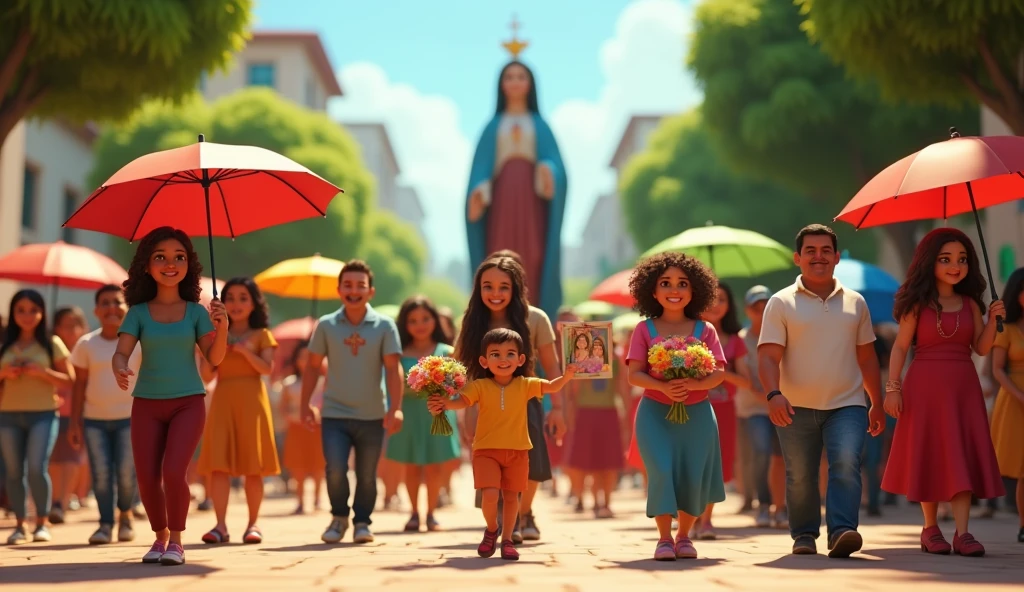 "Create a daytime scene in a 3D animation style similar to Pixar, capturing a religious procession in El Salvador. The scene should depict a diverse group of people walking down a tree-lined street during a religious procession. Several individuals are holding colorful umbrellas to shield themselves from the sun, while others carry religious images and bouquets of flowers, including a statue of the Virgin Mary adorned with flowers and candles. The participants are dressed in a mix of traditional and casual clothing, creating a vibrant and festive atmosphere that reflects the devotion and unity of the community during the event. The lighting should be warm and bright, capturing the energy and joy of the procession."