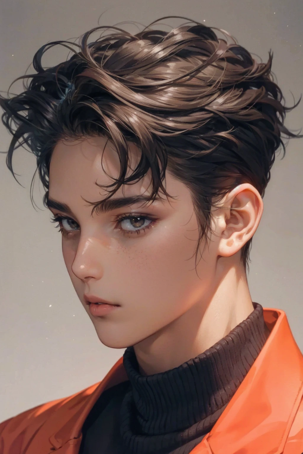Light brown skin, moon kissed, blue turtle neck, messy hair, brown eyes