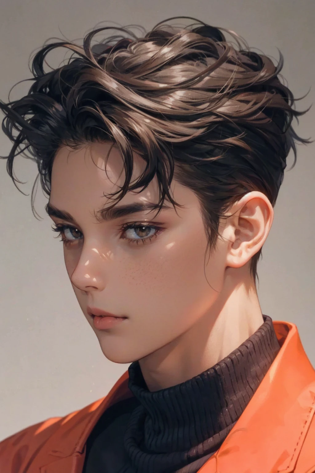 Light brown skin, moon kissed, blue turtle neck, messy hair, brown eyes