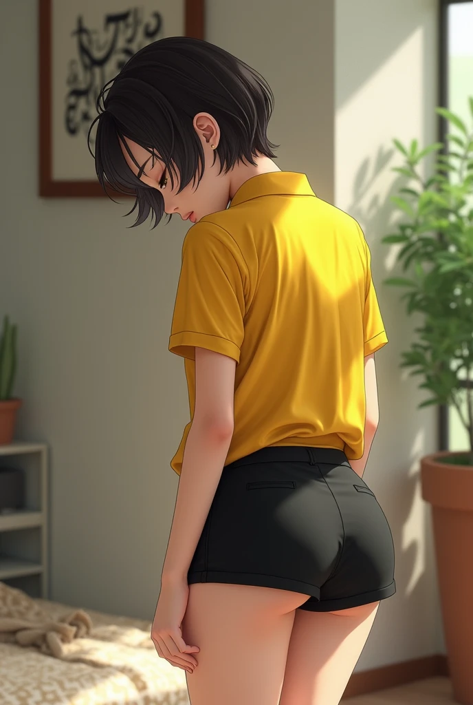 Girl with yellow uniform polo shirt and short black synthetic shorts and short hair bends over and looks good from behind in real life