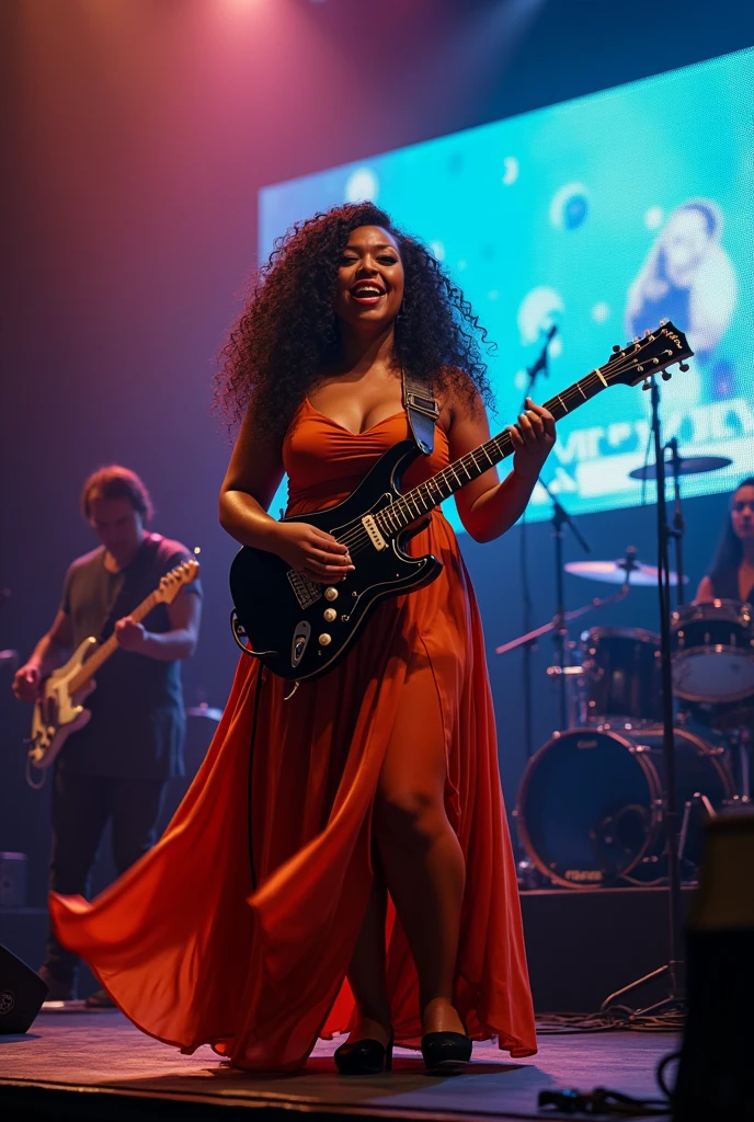 Make a picture of a black woman, chubby, long curly black hair, dark shaped eyes, playing guitar and singing at a concert, with led screen at the back ,she is wearing a long terracotta dress