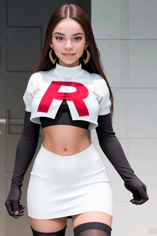 The face of Olivia Rodrigo, 1girl, solo, team rocket,team rocket uniform,white skirt,red letter R,crop top,black thigh-highs,black elbow gloves, earrings, large breasts,