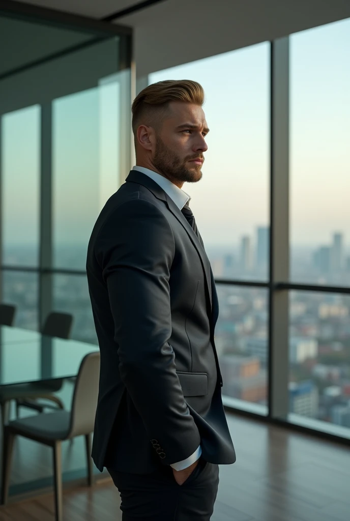 A young Russian man, aesthetically beautiful body because you train at the gym, short blonde hair with a slight quiff, with short social beard, wearing a slightly tight suit, millionaire in his office standing looking sideways through the glass of his office