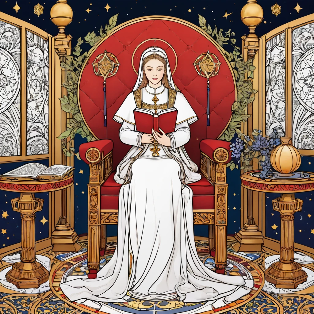 Major Arcana Tarot Cards『Female Pope』Create a coloring book with the theme。Please include the following:： 
- **Design style**: Medieval Gothic Design - **Motif 1**: [[神秘的な書物を持つFemale Popeの人物]]（sitting in a high chair）
- **Motif 2**: [[Mystical moon symbol floating behind]]
- **Characteristics of the illustrations**: 線が明確inクリーンin、Great for coloring - **Line art**: [[For coloring books[[Line artのみ]]in、Detailed Design]]
- **composition**: Female Popeが高い椅子に座り、Holding a mysterious book。背後には神秘的な月のシンボルが浮かんinいます。In the background、Include simple ornaments and geometric patterns。
