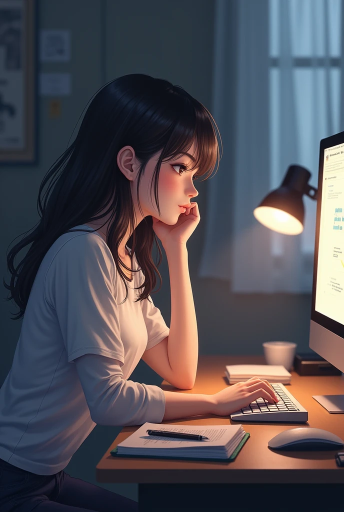 A girl sits at a desk, intently focused on her computer screen. She has a calm, thoughtful expression, her face framed by loose strands of hair. Her hands are visible on the keyboard, her fingers lightly tapping away. Her feet are flat on the floor, and she's dressed in casual attire. The room is softly lit, with a few personal items like notebooks and a coffee mug on the desk, contributing to a cozy and productive atmosphere realistic image
