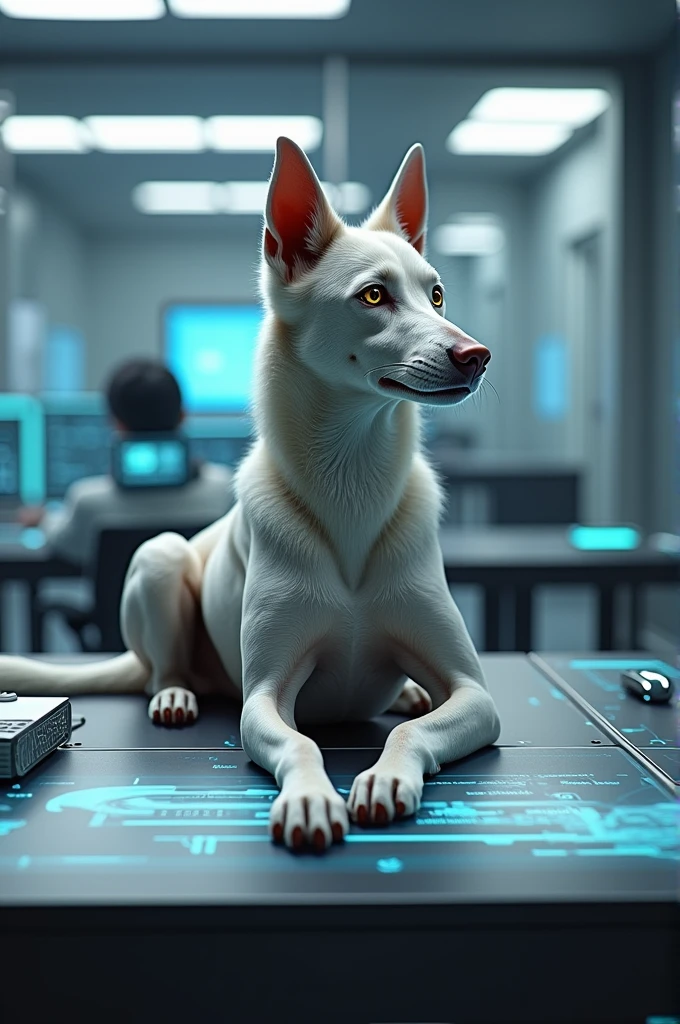A dog in the future is sitting on an office desk.