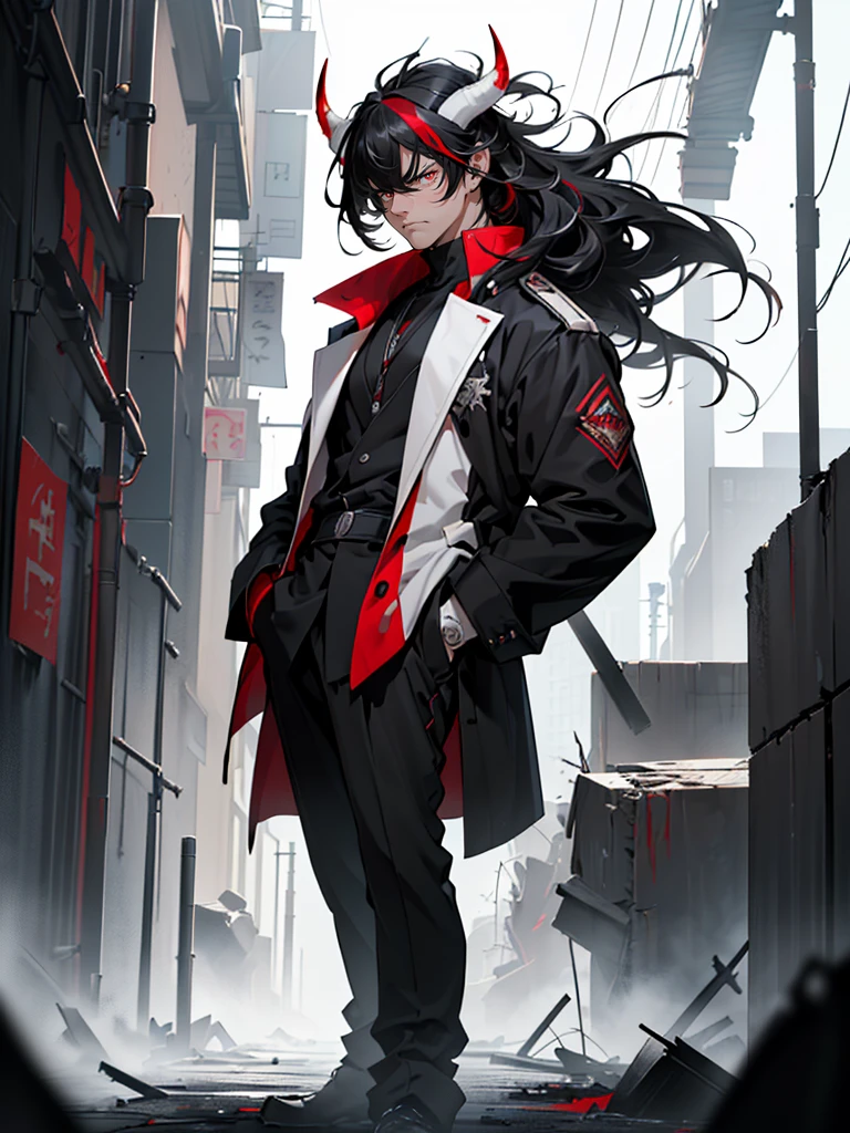 ((Maximum quality, work of art, 4K, finely detailled, detailedeyes, face detailed, gelbooru, pixiv)), warm lighting, ((standing alone)), 1 men, bonitas, masculine, adult and mature man, broadshouldered, Close face ((black hair with white streak in the bangs, having black horns), portraite, brave face. looking at the observer, ((angry eyes, half covered, red eyes with white pupils)), wearing black and red formal clothes, having staves, standing, hands in pockets, ((black hair with white streak in the bangs, shaggy hairstyle, Messy hair)), background of the destroyed city