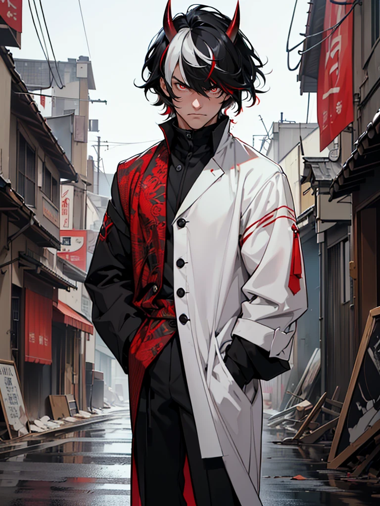 ((Maximum quality, work of art, 4K, finely detailled, detailedeyes, face detailed, gelbooru, pixiv)), warm lighting, ((standing alone)), 1 men, bonitas, masculine, adult and mature man, broadshouldered, Close face ((black hair with white streak in the bangs, having black horns), portraite, brave face. looking at the observer, ((angry eyes, half covered, red eyes with white pupils)), wearing black and red formal clothes, having staves, standing, hands in pockets, ((black hair with white streak in the bangs, shaggy hairstyle, Messy hair)), background of the destroyed city