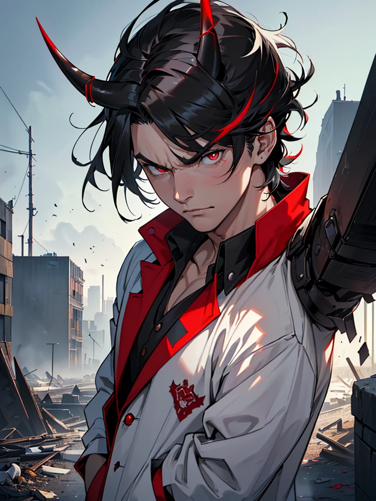 ((Maximum quality, work of art, 4K, finely detailled, detailedeyes, face detailed, gelbooru, pixiv)), warm lighting, ((standing alone)), 1 men, bonitas, masculine, adult and mature man, broadshouldered, Close face ((black hair with white streak in the bangs, having black horns), portraite, brave face. looking at the observer, ((angry eyes, half covered, red eyes with white pupils)), wearing black and red formal clothes, having staves, standing, hands in pockets, ((black hair with white streak in the bangs, shaggy hairstyle, Messy hair)), background of the destroyed city