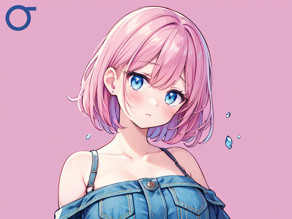 ((best quality, high resolution)), (delicate illustration), (vividcolor style illustration:0.9), (watercolor style illustration:0.4), ((beautiful:1.3)), 4k,
(((1 beautiful woman))), medium breasts:0.7, dark blue eyes, (blush), ((Cold-shoulder top with distressed jeans.)), Short Layered Cut, Pink hair, (((simple icon background:1.3))), ((glance upward at viewer)), cowboy shot,