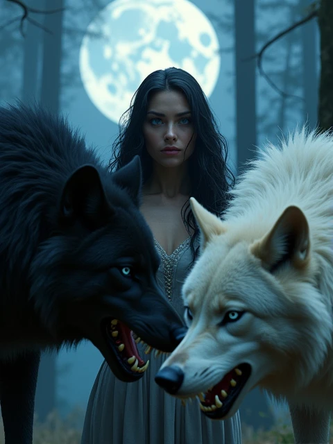 (photorealism:1.2), beautiful woman, long wavy black hair, blue eyes, she is in the middle of huge wolves fighting, one is black and the other is white, night forest background with full moon, cool undertones, realistic photography, realistic imagen.
