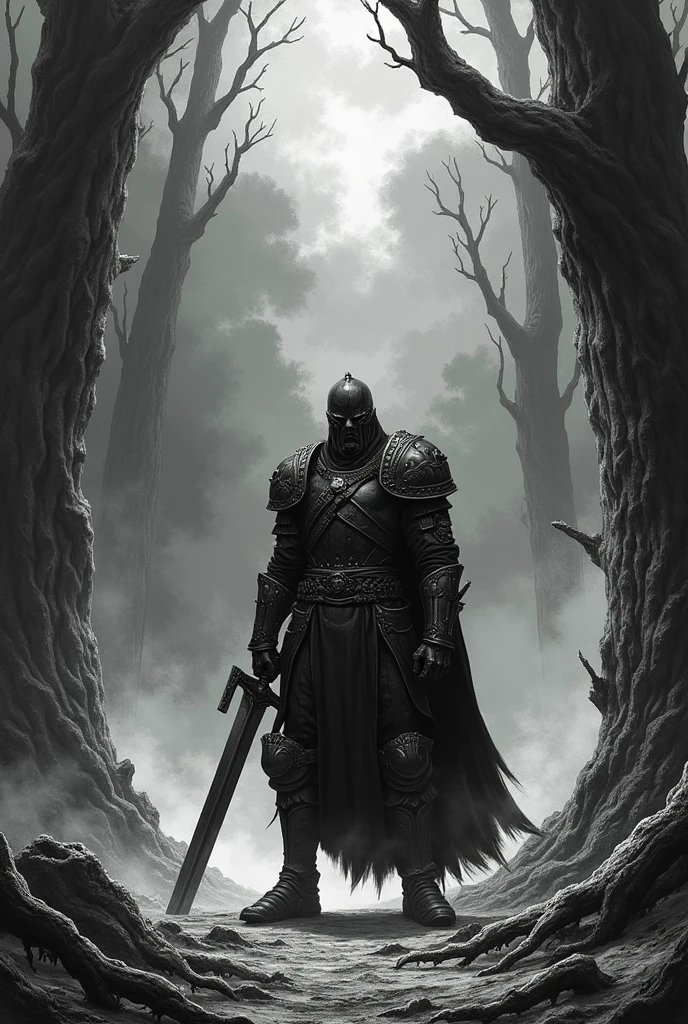 Generates an image in the style of Kentaro Miura's Berserk manga, with texture in the details and high contrast. in black and white