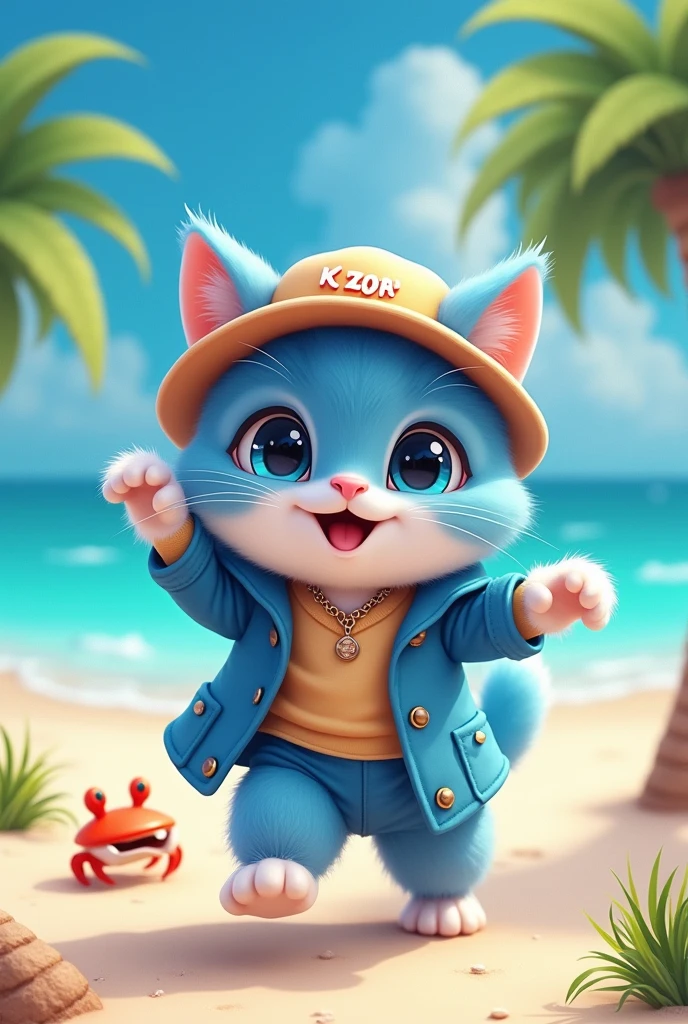 A cool and cute male cat is dressed as a kpop dancer and dancing in front。  The hat says kPOP。
The cat&#39;s fur is blue and white。
There is a hermit crab。
Small palm trees grow on the beach。