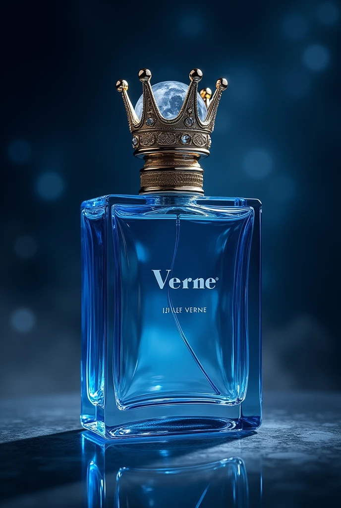 (photorealism:1.2), perfume bottle, named moon, brand verne, royalty, blue, crown on the cover, rectangle