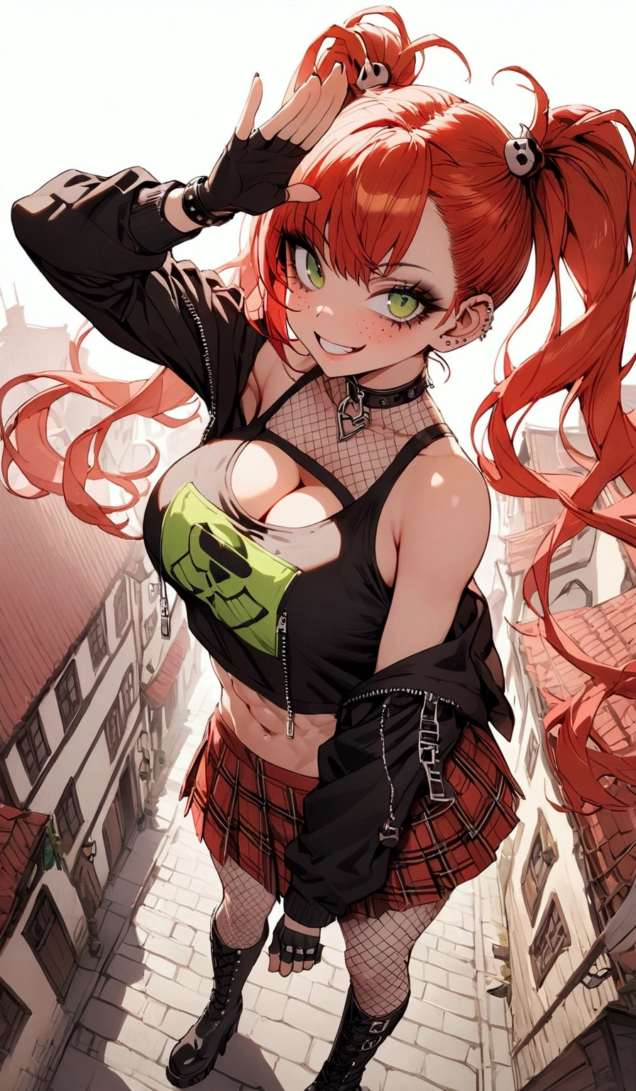 woman, grin, curly red hair in pig tails, green eyes, black eyeshadow, wearing crop top black shirt, black oversized zip up hoodie, red plaid skirt, black knee high boots, black fingerless gloves, exposed shoulders, large breasts, freckles, abs, cleavage, looking up at viewer, masterpiece, best quality, Holo-Punk Style, saluting, china town, make up, eyelashes, fish net undershirt, fish net stockings, (full body)