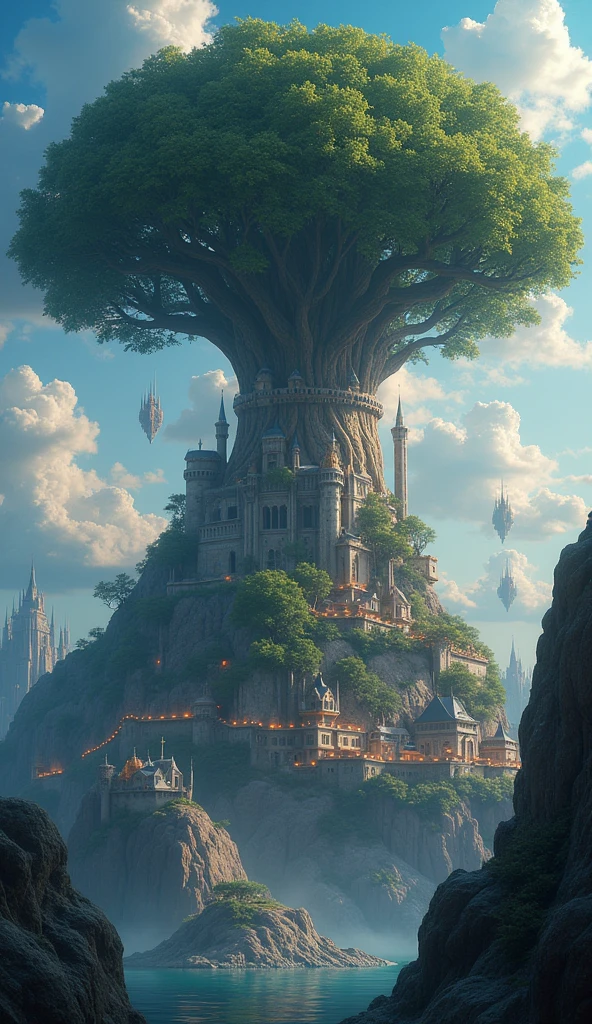 A majestic, towering tree holds a magnificent castle in its canopy, its branches extending like arms embracing the sky. A bustling town surrounds the tree's base, connected by bridges and waterways, with warm lights illuminating the night. In the distance, other castles float amongst the clouds, creating a magical and ethereal scene