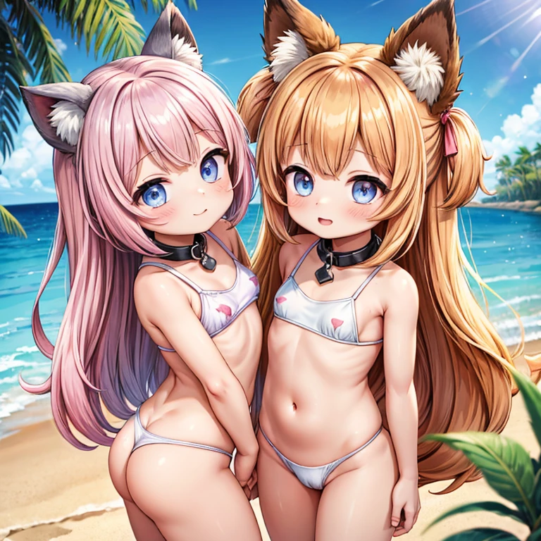 Two young looking girls、Both of them are under 、Girls A and B、Both A and B are naked.、She was wearing no clothes, underwear, or swimsuit.、The two of them are playing together。
A’s appearance is、Raccoon ears on head、Layered bob hairstyle、Hair color is navy、Dark blue eyes、Collar with blue ribbon、A raccoon's tail coming out of his ass、A moderately plump body type、Lovely atmosphere。
B’s appearance is、Fox ears on head、Her hair is long and straight, reaching down to her waist.、Her hair color is orange.、Hazel Eyes、Collar with pink ribbon、Fox tail from the ass、Normal body type、Lively atmosphere。
The background is a tropical beach with palm trees.、Both of them have cute poses、Touching and fondling each other's bodies on the beach、They are having lesbian sex as if they are playing with each other.。
A composition in which both people's bodies are included in the image、Moe drawings using pen and watercolor。