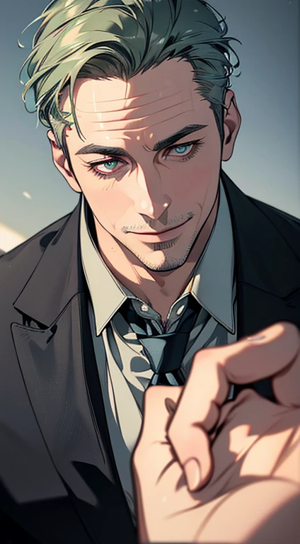 (best quality,4k,8k,highres,masterpiece:1.2),ultra-detailed,(realistic,photorealistic,photo-realistic:1.37),1 man,3,mature man,very handsome,without expression,smile,short grey green hair,blue eyes,penetrating gaze,perfect face without errors,imposing posture,businessman,office background,cinematic lighting,hdr image