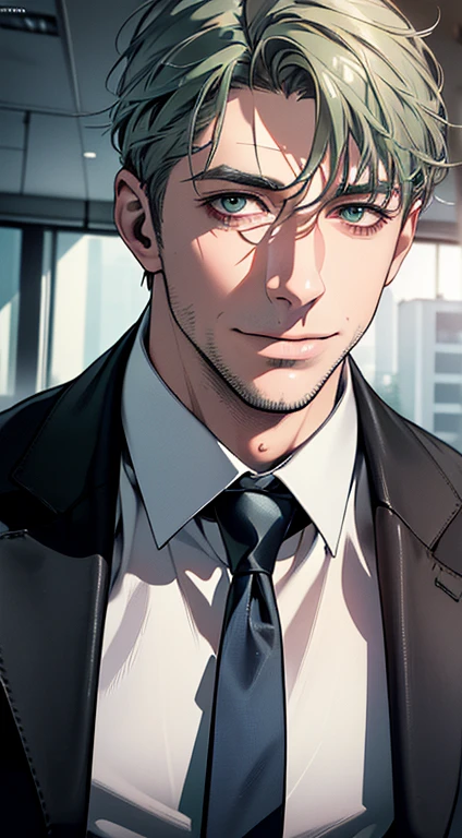 (best quality,4k,8k,highres,masterpiece:1.2),ultra-detailed,(realistic,photorealistic,photo-realistic:1.37),1 man,3,mature man,very handsome,without expression,smile,short grey green hair,blue eyes,penetrating gaze,perfect face without errors,imposing posture,businessman,office background,cinematic lighting,hdr image