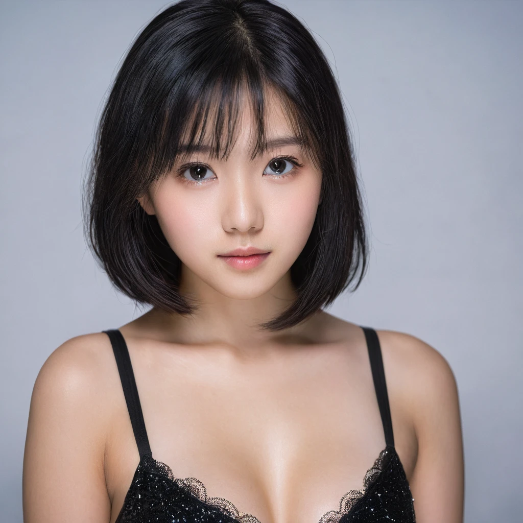 Yui, photo of female, age 15 year, black shoulder length hair, breasts; (rim lighting, studio lighting), (dslr, ultra quality, film grain, Fujifilm XT3, crystal clear, 8K UHD, highly detailed glossy eyes, high detailed skin, skin pores)