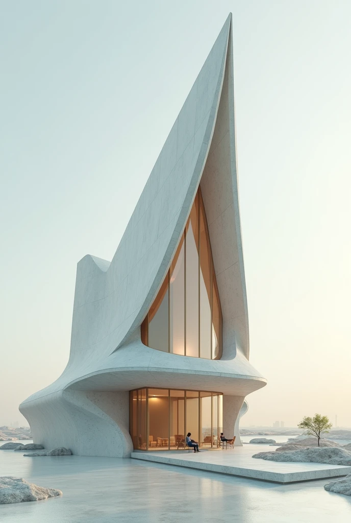 Architectural building inspired by an Andean condor that is two stories high, that is built on a flat surface, that has technological functionality and straight morphology without so much concrete or very large walls