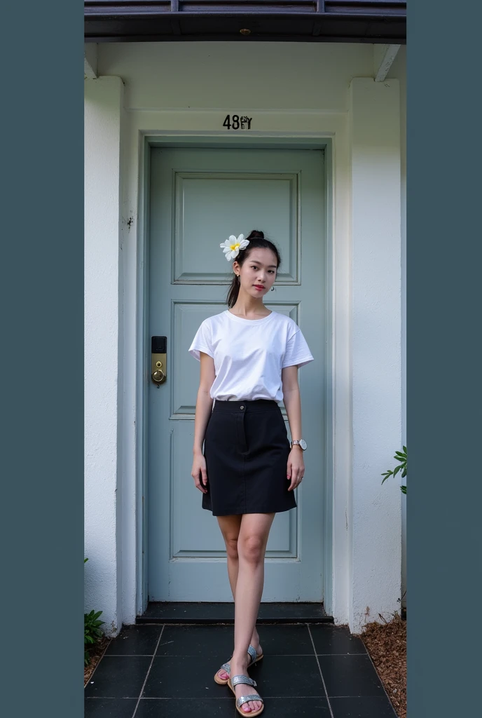 19 year old, wearing snall metallic hoop earrings, brunette, straight hair, single tied, plain white cotton tshirt, black skirt, sandals, flower on her ear, cute, smilining, , flat, slim, fit, cute face, good jawline, lightskin, fijian, full body photo, metallic watch on her wrist, 4k, realistic, cute face