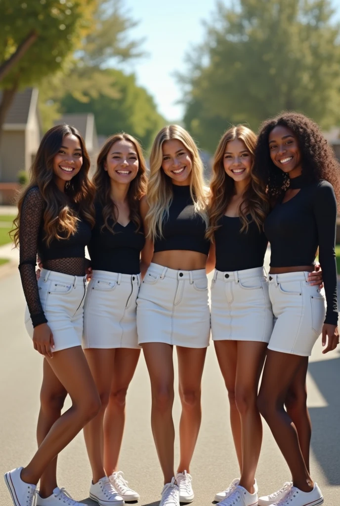 a group of anger, show entire bodys, shoes in view, all wearing white high waisted ultra tight fitting skinni skirt, all wearing black sheer stockings, all wearing black long sleeve tight fitting mesh bodys, all wearing white converse sneaker, sunny day, smilling, staying in neighboorhood, aerial photography, 18 years, realistic