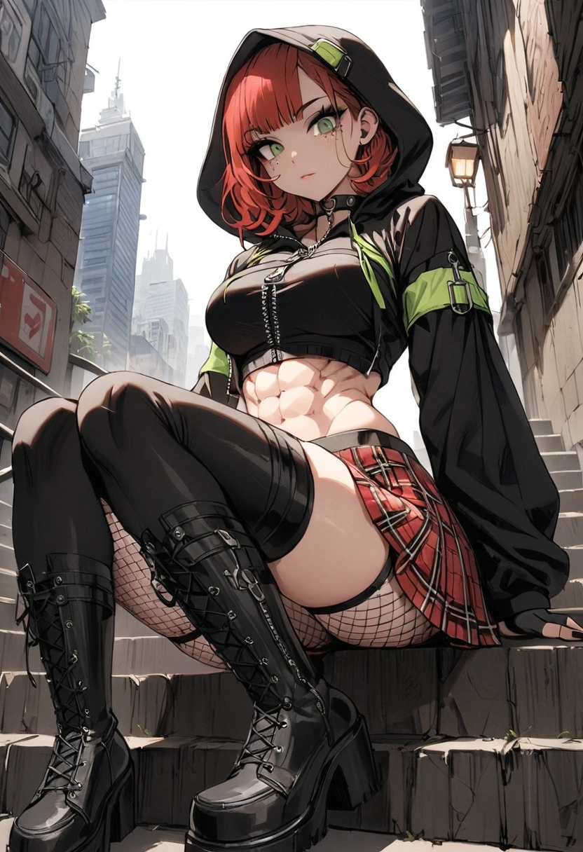 woman, stoic, curly red pixie cut hair, green eyes, black eyeshadow, wearing crop top black shirt, black oversized zip up hoodie, hood up, red plaid skirt, black knee high zipper boots, black fingerless gloves, large breasts, freckles, abs, looking down at viewer, masterpiece, best quality, Holo-Punk Style, sitting on stairs in the city, make up, eyelashes, fish net undershirt, fish net stockings, (full body)