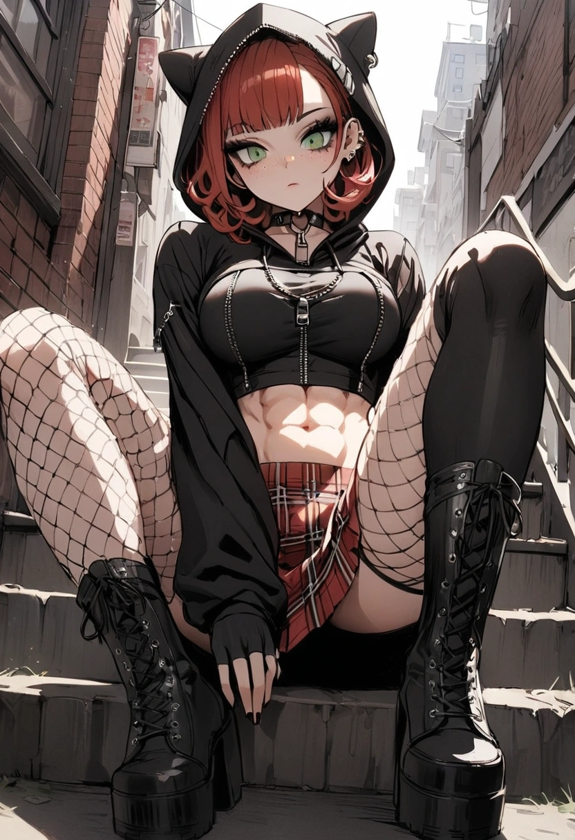 woman, stoic, curly red pixie cut hair, green eyes, black eyeshadow, wearing crop top black shirt, black oversized zip up hoodie, hood up, red plaid skirt, black knee high zipper boots, black fingerless gloves, large breasts, freckles, abs, looking down at viewer, masterpiece, best quality, Holo-Punk Style, sitting on stairs in the city, make up, eyelashes, fish net undershirt, fish net stockings, (full body)