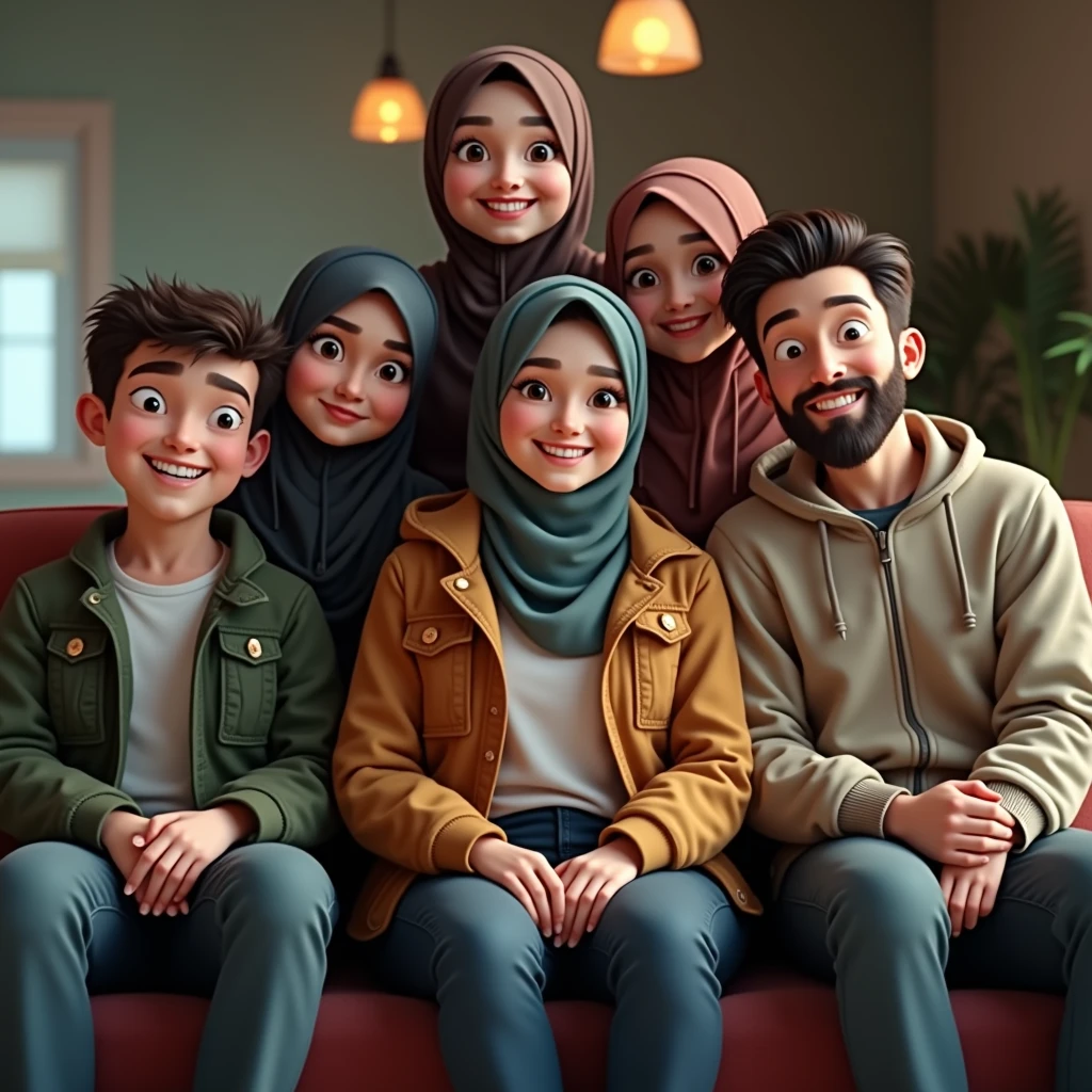 ((3 hijabless man wear jacket sitting), (3 hijabbed woman sitting)), cute face, 3D comical character, happy expression, casual fasion, white skin people, just concentrate, crowdless background, extreme detail, masterpiece, 4k, proportional, cinematic lighting