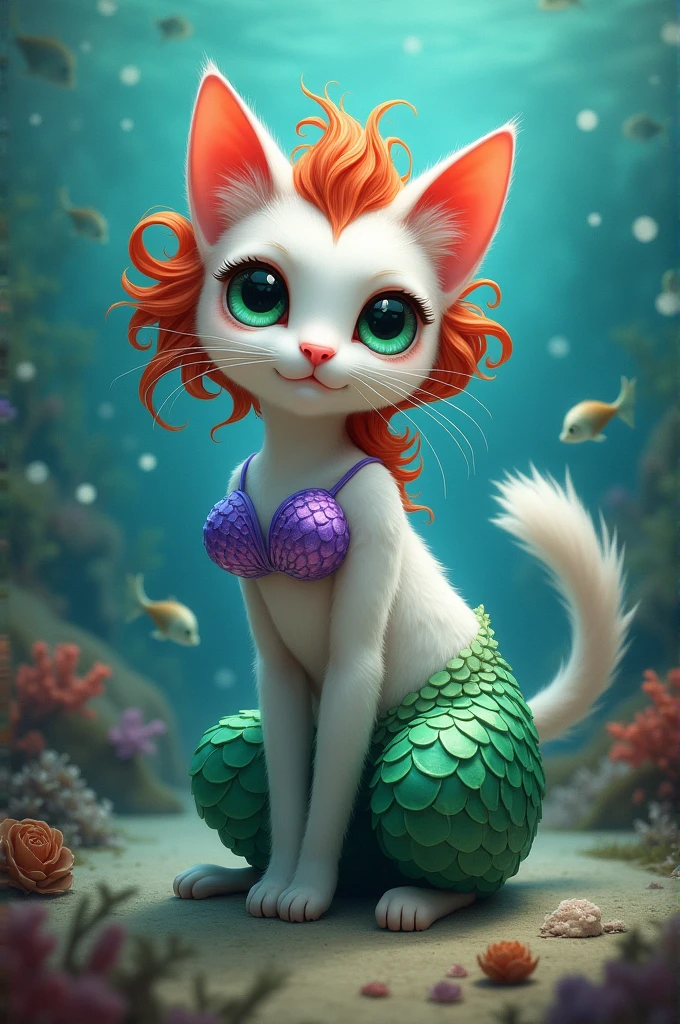 A cute big-eyed white cat wearing a purple seashell as a bra, with no legs from the waist to the tail, a green mermaid tail with red hair.