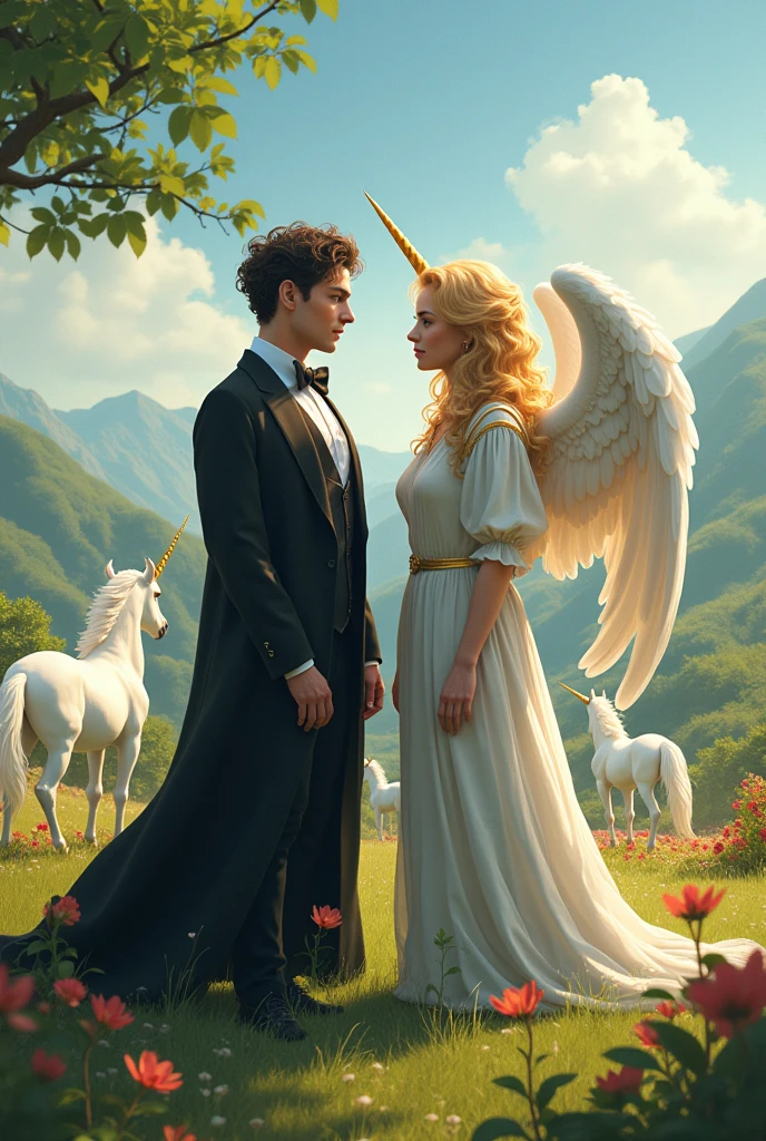 create a picture of the characters Crowley and Aziraphale from Good omens with unicorns 
