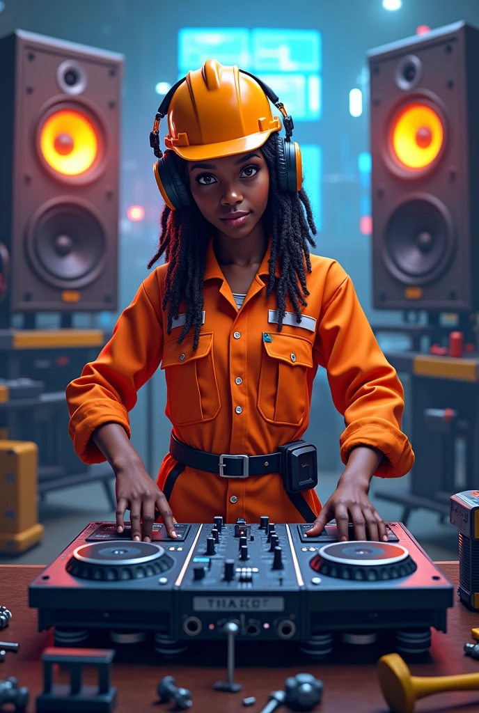 Black engineer girl wearing headphones playing music with virtual dj dispay and large speakers wearing engineering orange costumes, engineering hat and hammer,nails box and engineering operators having dreadlocks