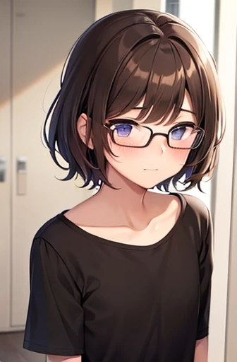 1boy 16 year old, girl shirt, drak brown hair, jean , glasses, shy, blushing