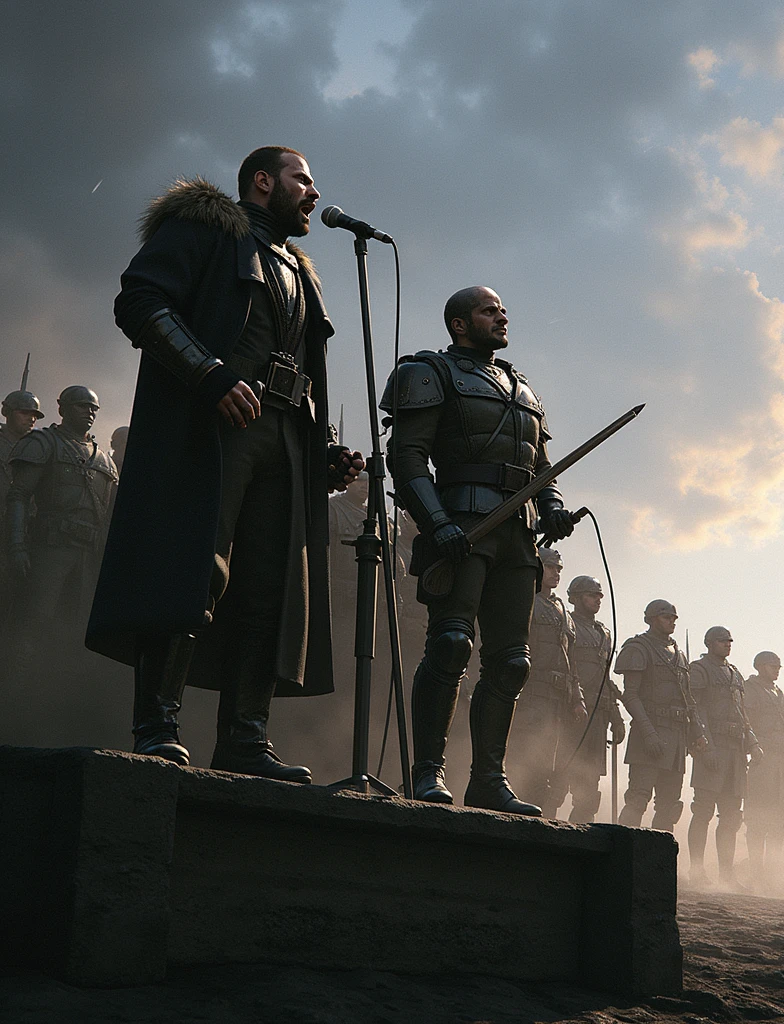"A Commissar of the Imperium of Man stands on a dark stage, illuminated by a single spotlight. He sings passionately into a microphone, his face filled with fierce inspiration and determination. In the dimly lit foreground, a group of ordinary Imperial Guardsmen stand silently, listening in reverence, their faces partially obscured by shadows. The atmosphere is intense and solemn, with a contrast between the bright spotlight on the Commissar and the shadowy presence of the soldiers."