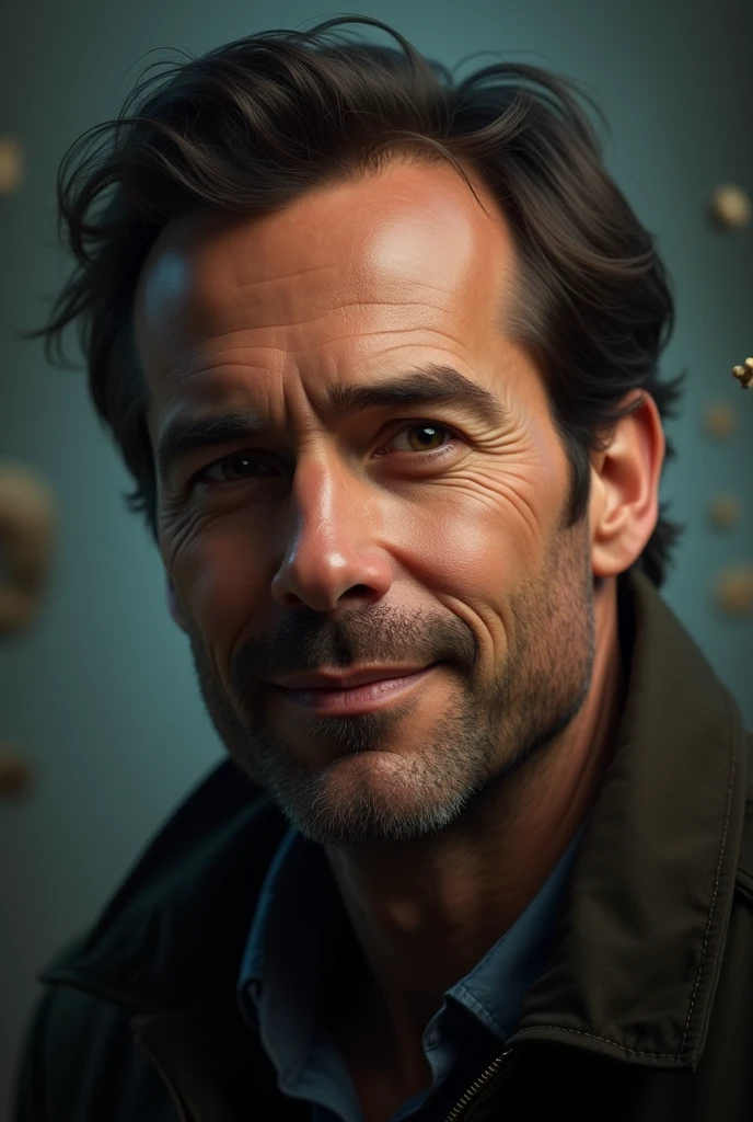 Portrait of handsome man, 40 year old, Round face, cinematic appearance