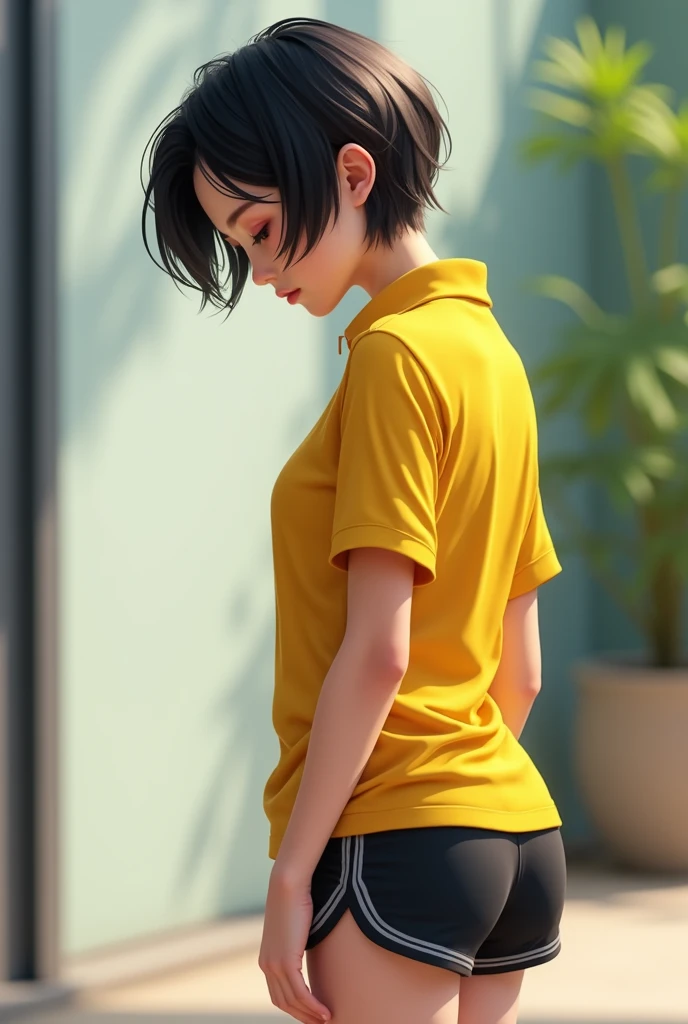 Girl with yellow uniform polo shirt and short black synthetic shorts and short hair bends over and looks good from behind in real life bent over looking down
