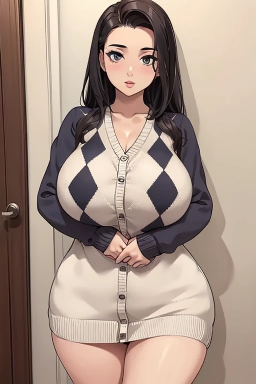 (best quality), (masterpiece), 1 girl, early 20's, huge heavy breasts, busty, massive breasts, thick, thick lips, wide hips, thin waist, argyle cardigan