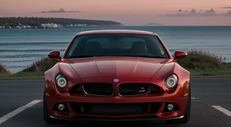 best quality, 8k, shiny skin, high resolution, red car on sea side road at sunset, sharp focus