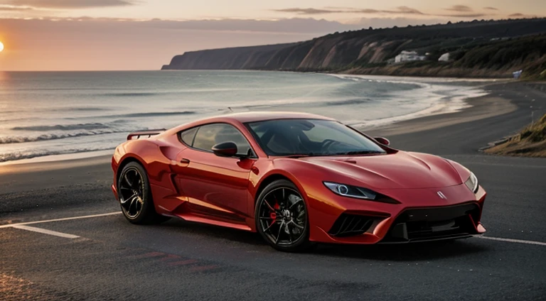 best quality, 8k, shiny skin, high resolution, red car on sea side road at sunset, sharp focus