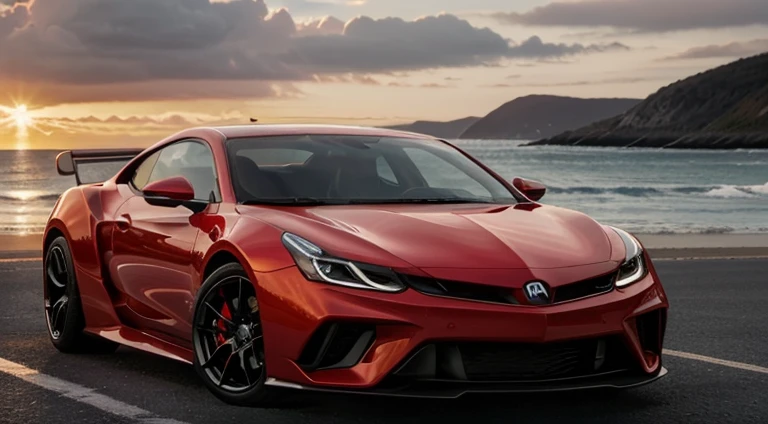 best quality, 8k, shiny skin, high resolution, red car on sea side road at sunset, sharp focus