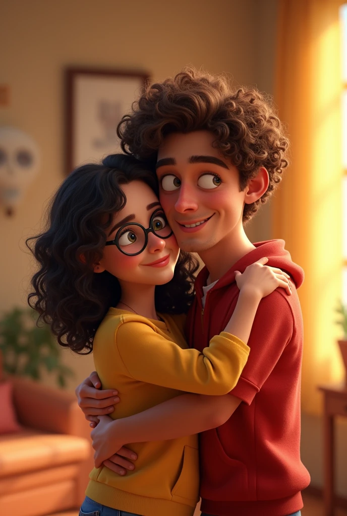 Make a Pixar cartoon style image where there is a white skinned person, Venezuelan woman with shoulder-length black curly hair who wears glasses hugging a curly man with brown hair and white skin, both are 