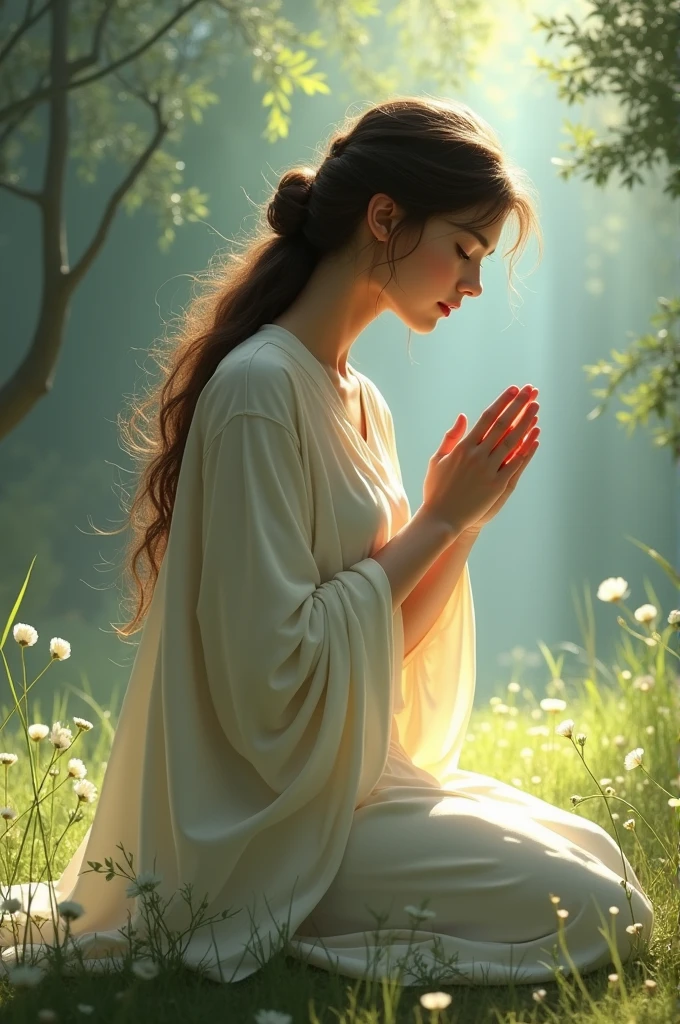 Woman kneeling and praying horizontally