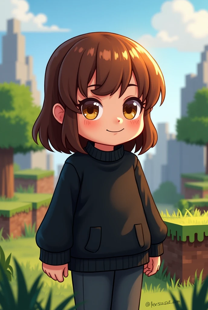 A picture of Minecraft a Minecraft character with brown hair your black sweater