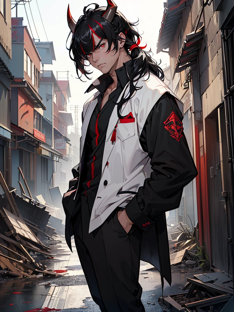 ((Maximum quality, work of art, 4K, finely detailled, detailedeyes, face detailed, gelbooru, pixiv)), warm lighting, ((standing alone)), 1 men, bonitas, masculine, adult and mature man, broadshouldered, Close face ((black hair with white streak in the bangs, having black horns), portraite, brave face. looking at the observer, ((angry eyes, half covered, red eyes with white pupils)), wearing black and red formal clothes, having staves, standing, hands in pockets, ((black hair with white streak in the bangs, shaggy hairstyle, Messy hair)), background of the destroyed city