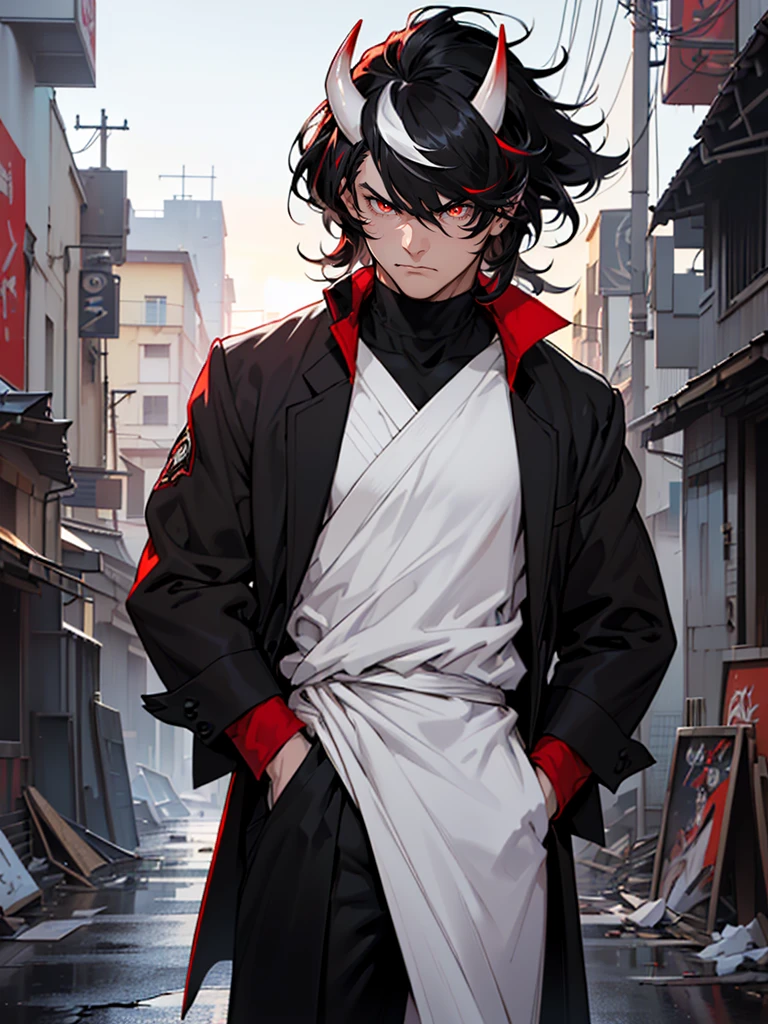 ((Maximum quality, work of art, 4K, finely detailled, detailedeyes, face detailed, gelbooru, pixiv)), warm lighting, ((standing alone)), 1 men, bonitas, masculine, adult and mature man, broadshouldered, Close face ((black hair with white streak in the bangs, having black horns), portraite, brave face. looking at the observer, ((angry eyes, half covered, red eyes with white pupils)), wearing black and red formal clothes, having staves, standing, hands in pockets, ((black hair with white streak in the bangs, shaggy hairstyle, Messy hair)), background of the destroyed city